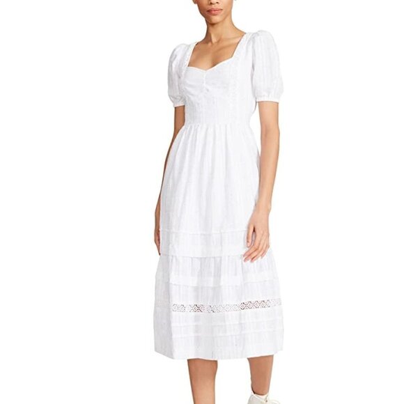 Betsey Johnson Women XL White Speckled Boho Tiered Puff Sleeve Midi Dress - Picture 1 of 8